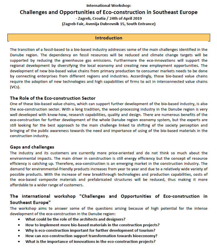 danu_bioval's tweet photo. Join our second transnational Eco-Construction workshop and initiate cross-sectoral cooperation: Zagreb, 24th of April 2019! More information can be found here: https://t.co/wd0DXkcnIH @Clusters_EU @proholzbw @INTERREGTweets https://t.co/PXWIauhPAL