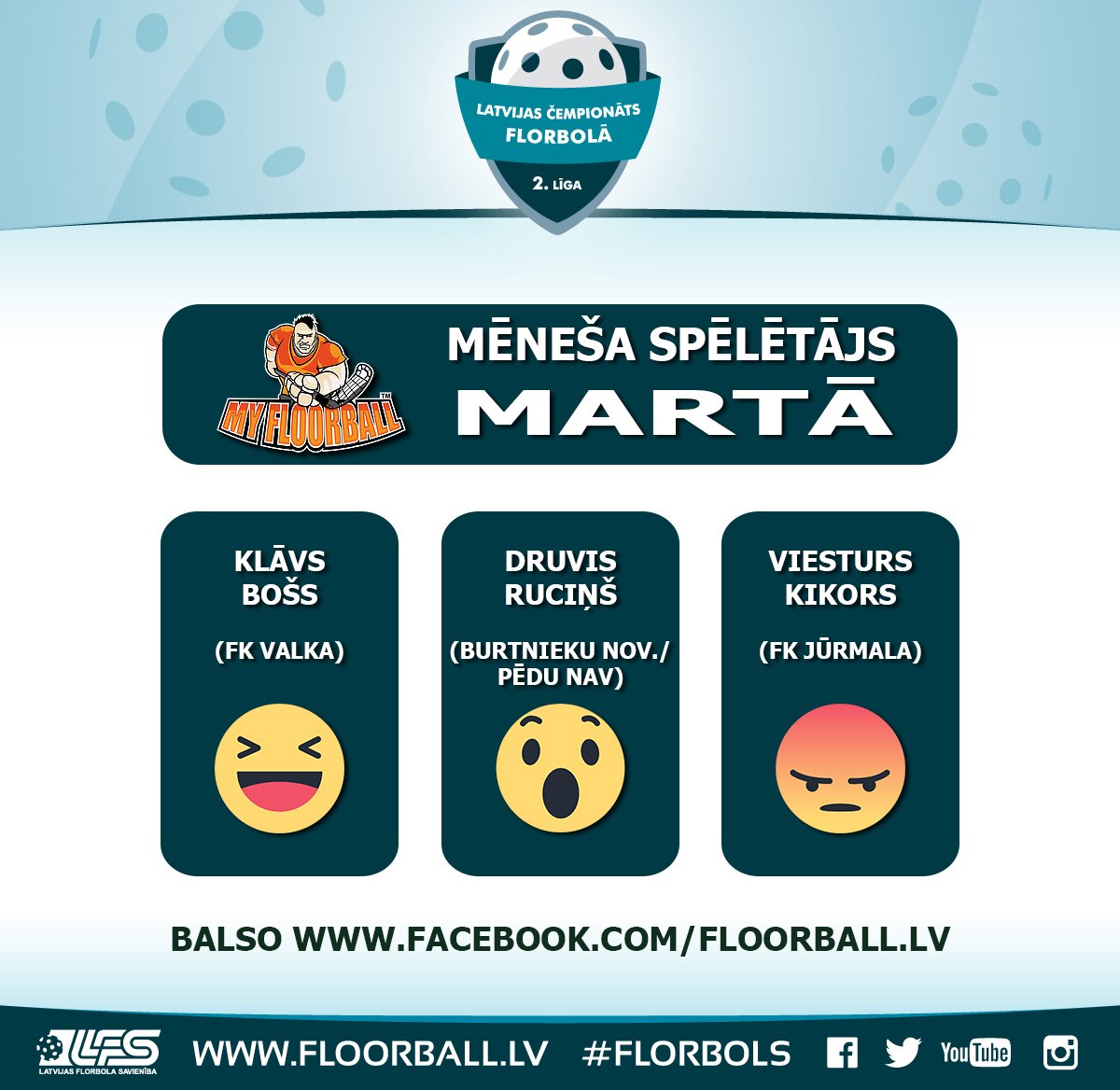 2. līgas vīriešiem marta mēneša labākā spēlētāja titulam nominēti <a href="/fkvalka/">Valka</a>, <a href="/PeduNav/">Pēdu nav</a> un <a href="/FKJurmala/">FKJūrmala (florbols)</a> pārstāvji. Līdz 5. aprīlim (ieskaitot) balso par savu favorītu LFS Facebook lapā: facebook.com/floorball.lv #florbols #floorball