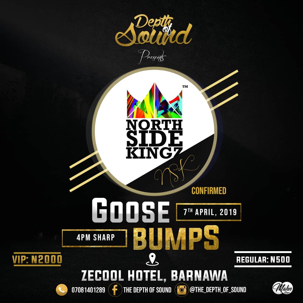 MadeInKrockCity's tweet photo. We are glad to announce to you that  Depth of Sound will be live in Concert in Kaduna City 💥💥💥

Tagged: G O O S E B U M P S

Date: 7th April, 2019 ll 🕓: 4pm
@ Zeecool Hotel, Barnawa, Kaduna

Tickets: N500, N2000 

Come and Xperience Pure Live Music
#Goosebumps @depthofsound https://t.co/EG3IiaxXlQ