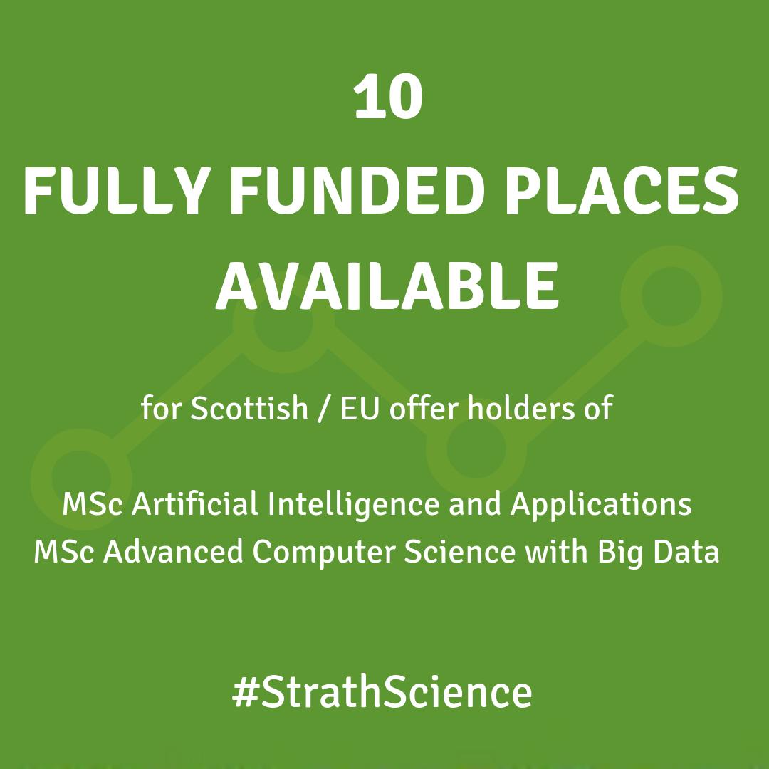 StrathScience's tweet photo. With funding from @DataLabScotland, @ScotFundCouncil and #ESF, we have 10 fully funded places available for September 2019 entry. These are open to Scottish/EU students who apply and receive an offer for the below programmes. Full details can be found at https://t.co/ZchHE2d25Z https://t.co/kt1HnKbGJT