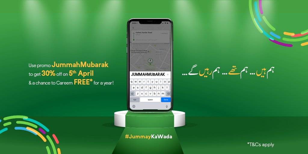 CareemPAK's tweet photo. Here's what you've been waiting for... 😉

This Friday, 5th April, use promo JummahMubarak &amp; Careem at 30%* off!

Plus, take the most rides and get a chance to win free* Careem rides for a year...that's our #JummayKaWada!

Chalo let's go!

*T&amp;Cs apply https://t.co/JVhfHCNIPG