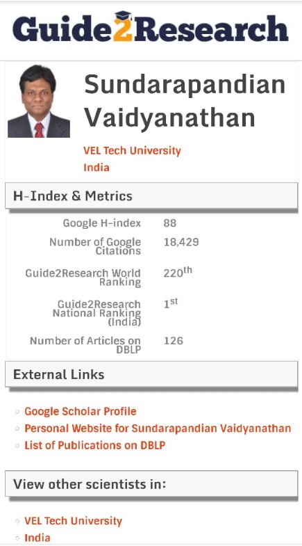 veltechofficial's tweet photo. Hearty Congrats  to Prof. Dr. Sundarapandian Vaidyanathan from #Vel_Tech, with #Google_H_Index of 88 &amp; 18,429 Google Citations has been ranked 220th by #Guide2Research World ranking and #First_Rank in #India by Guide2Research National Ranking
View More: https://t.co/j3rUPIBmlR https://t.co/Z8ExKSFSQ9