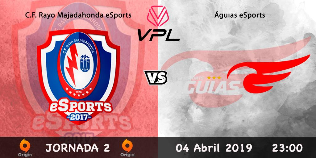 #Matchday <a href="/VPLglobal/">Virtualproleague</a> Jornada 2 #fifa19 #eSports⚽️

⏱️Jueves 4 Abril, 23:00h: 
    <a href="/RMajadaheSports/">Rayo Majadahonda eSports</a> vs #águiasesports

Esta noche nuestro equipo 💻#PC jugará también el partido correspondiente a la segunda jornada de la #InternationalLeague. A por la victoria!

#VamosMiRayo ⚡️