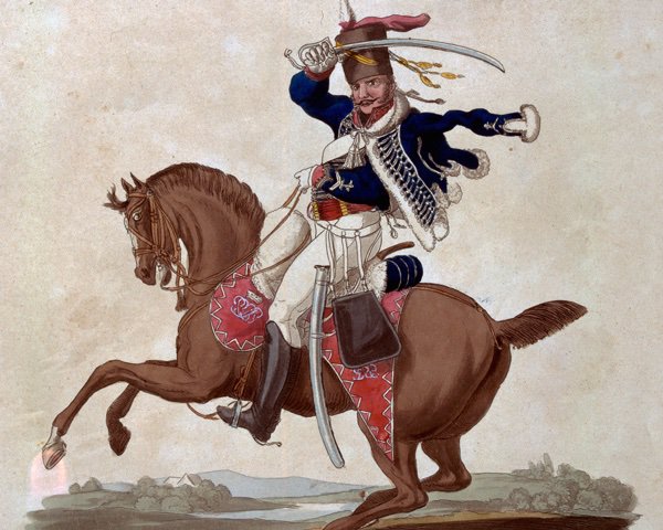 The decision was taken from them by the arrival of the troop of cavalry from the 10th Hussars and the Stirlingshire Yeomanry. 40 men vs 32 cavalry. Battle commenced! (Pic: Corporal, 10th Hussars, c1812)