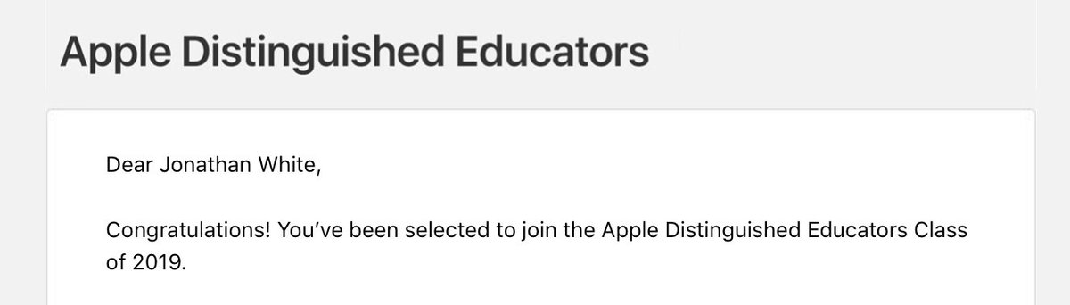 jwhiteICT's tweet image. Super excited and honored to have been accepted to be an Apple Distinguished Educator! Four years after my first attempt, perseverance pays off. Really looking forward to the EMEIA #ADEInstitute2019 this summer and meeting so many other great #ADE folk! #ADE2019 #AppleEDUchat