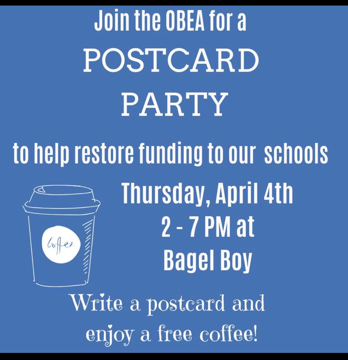 ADisimile's tweet photo. Stop by and get a coffee! #saveOBparas #educationmatters https://t.co/btv89sgWcE