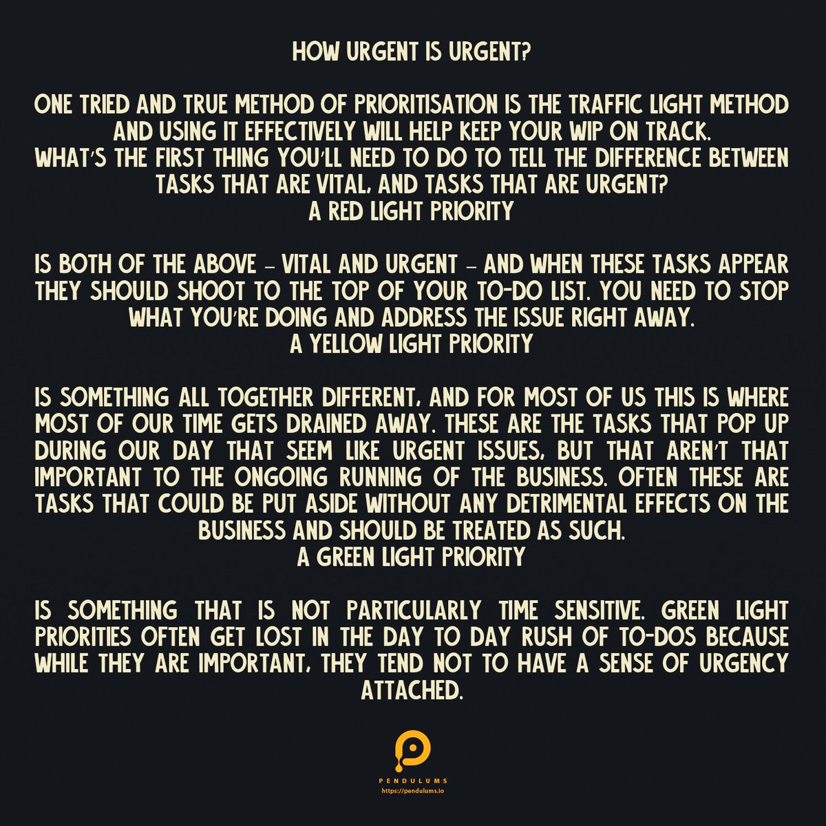 The traffic light system for #timemanagement

ref:121creative .com

You can use #Pendulums #timetracking #app on desktop(#linux,#mac,#windows) and #Android

#timetracker #business #freelancer #startup #entrepreneur #lifestyle #marketing #Graphic #design #teamwork #startups #time