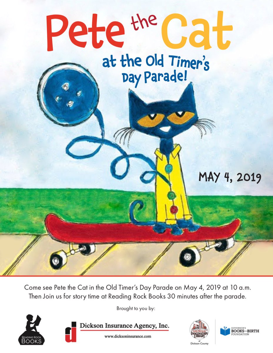 ReadingRock's tweet photo. Reading Rock Books is happy to host a very special guest for Old Timer’s Day 2019!   Thank you ⁦@DCImagLibrary⁩ and Dickson Insurance Agency for bringing Pete the Cat to town!! https://t.co/oWR5sDTBnJ