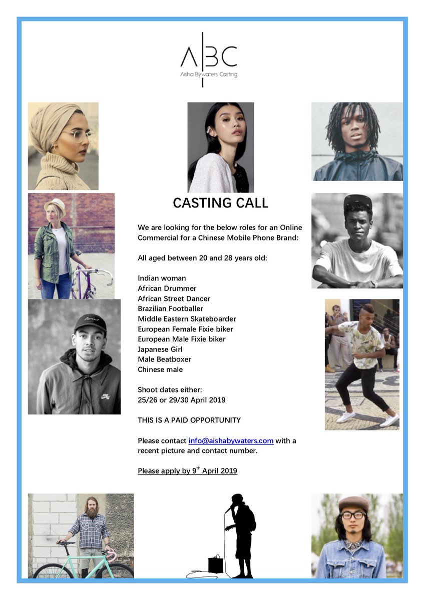 AishaCasting's tweet photo. CASTING CALL!!! #castingsearch #realcasting #CastingCall Striking people aged 20 - 28 years old for Chinese Mobile Brand online commercial. https://t.co/ptgZvaNFd1