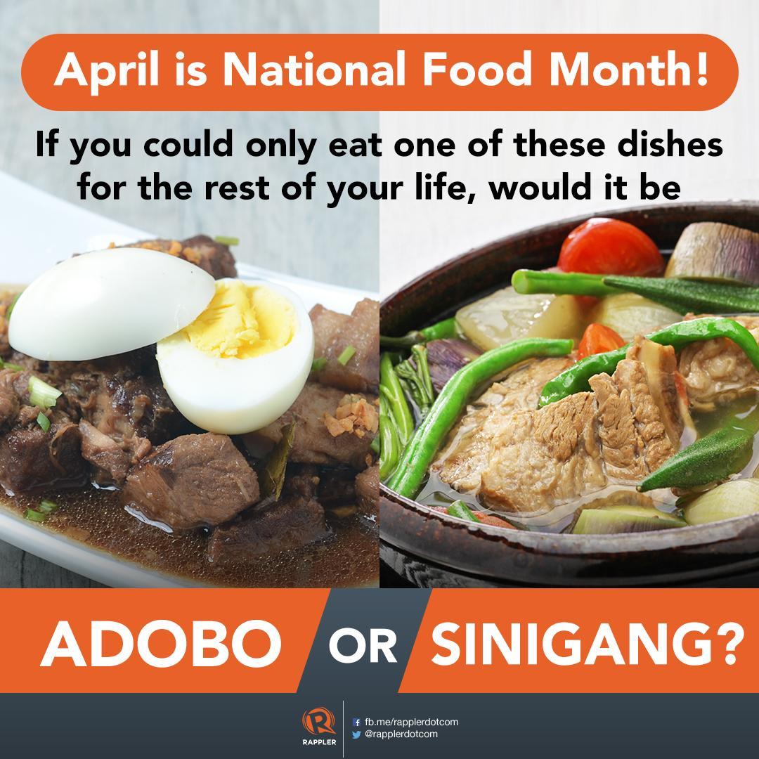rapplerdotcom's tweet photo. This is the month to take pride with the Filipino dishes! 😋

Adobo or Sinigang? 🍲 https://t.co/6wdKR2PJiD