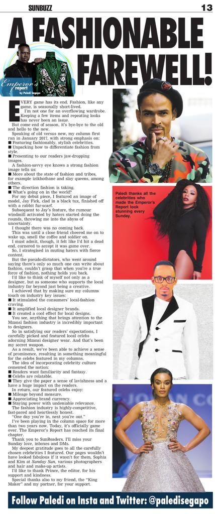 PalediSegapo's tweet photo. This is the last mile. The last chapter. The last #EmperorsReport Last Sunday in @SundaySunSA 🗞 This the end. https://t.co/6mbGMCPM3c