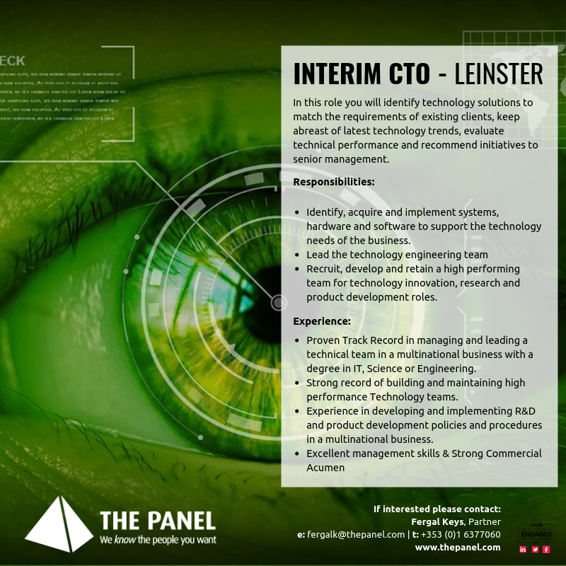 ThePanelDublin's tweet photo. Interim CTO - Leinster role available with Fergal Keys, to find out more contact him on fergalk@thepanel.com today. #jobfiary #Leinster #CTO #ChiefTechnologyOfficer https://t.co/U83owd8hjL