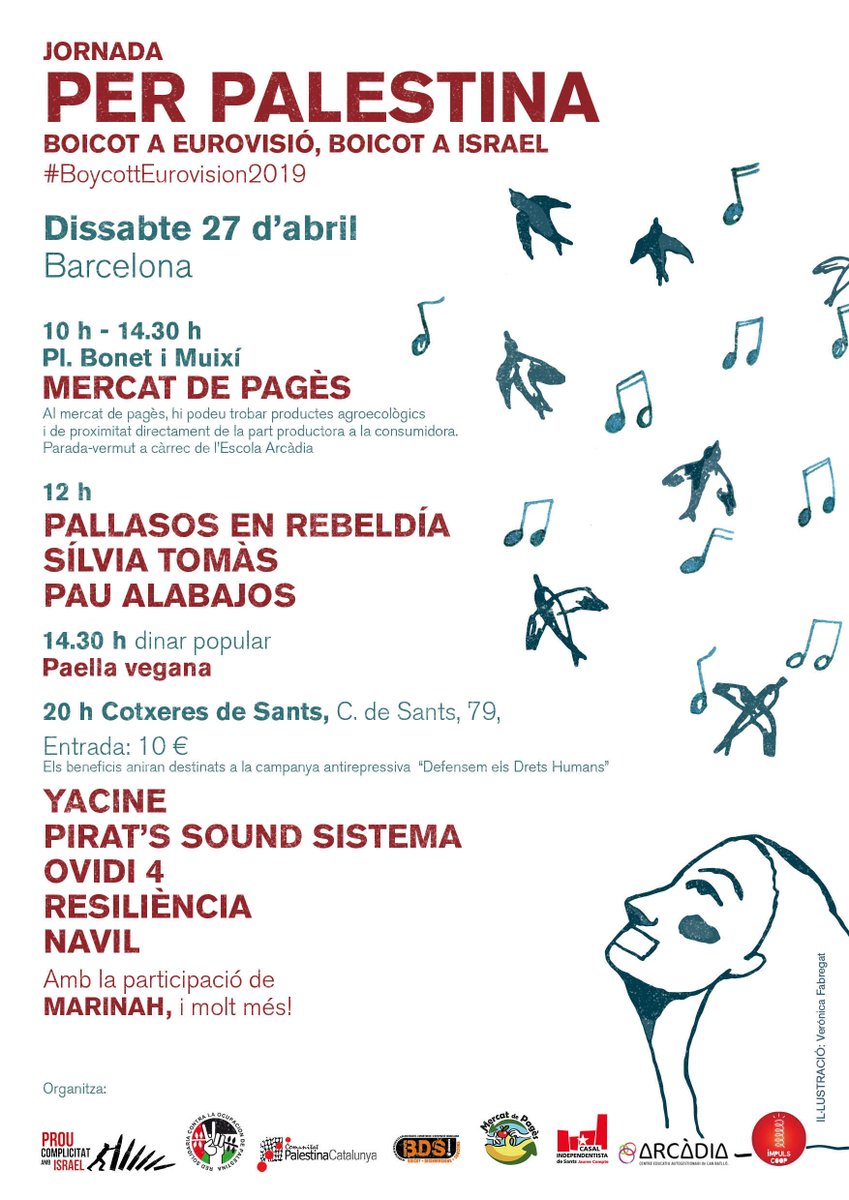 BDSCatalunya's tweet image. Totes aquelles persones i entitats solidàries amb #Palestina, també podeu fer aportacions de suport de 5, 10 i 20 euros al #ConcertPerPalestina, tots els beneficis es destinaran a les companyes de @Defensem_DDHH mentre diem #BoycottEurovision2019! 4tickets.es/4Tickets/janto…