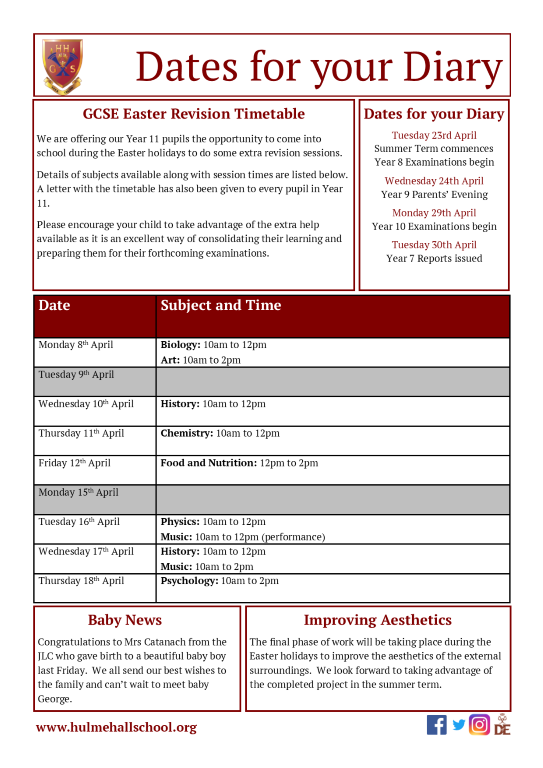 HulmeHallGS's tweet photo. Our Senior Newsletter is now available to read. We hope you enjoy the Easter break and look forward to seeing all our pupils #SmartandSmiling on Tuesday 23rd April #HHGSNews #EasterHolidays https://t.co/iXYiok5hhv