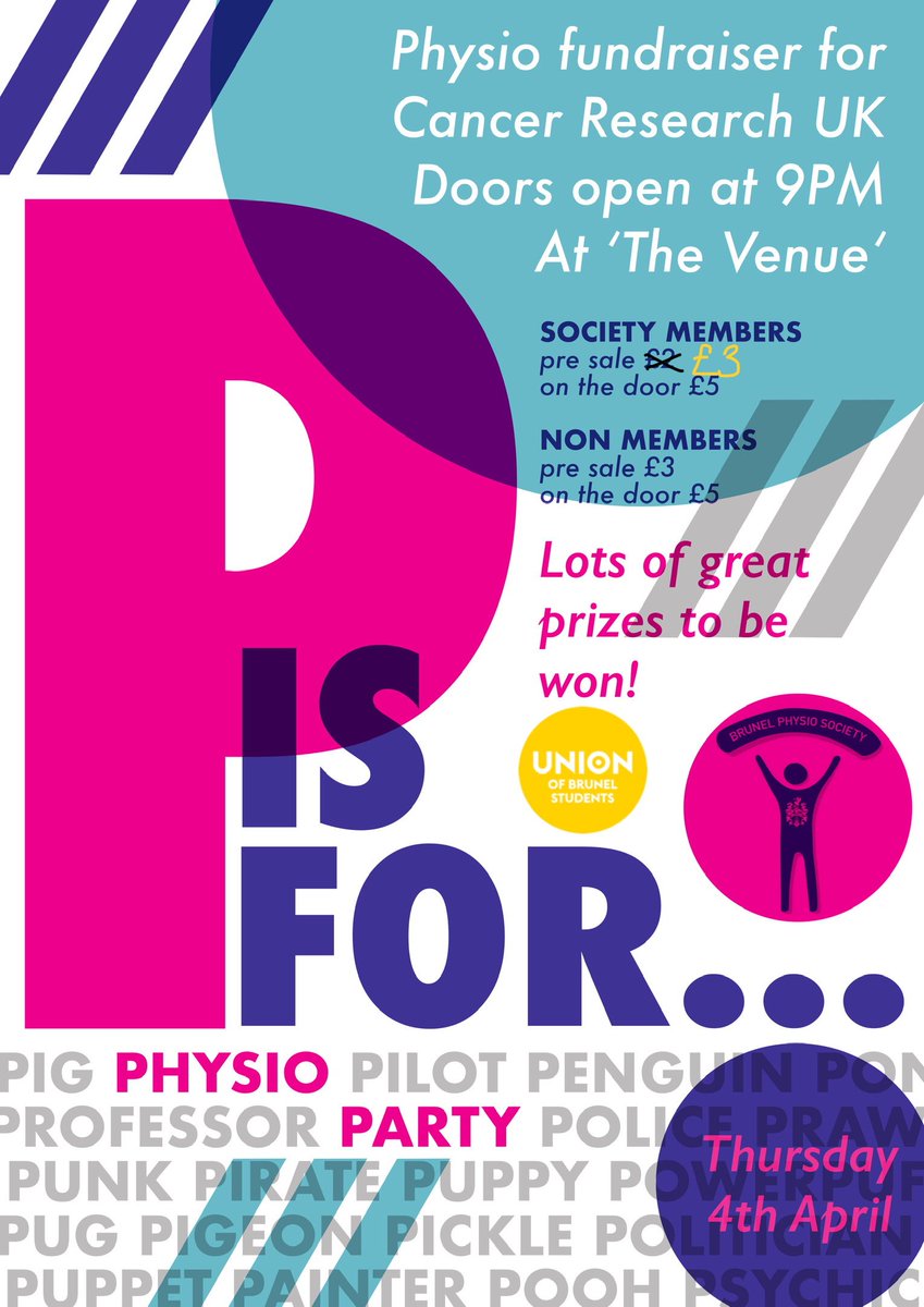 IT’S TONIGHT 🎉 The Physio Society are taking over The Venue 9pm-1am 💃🏼 All proceeds go to Cancer Research UK <a href="/cr_uk/">Cancer Research UK</a> 💰 So come and blow off some steam and raise some money! And remember the fancy dress theme is things beginning with P!! BUY YOUR TICKETS ONLINE NOW FOR £3! 🎉🎉🎉