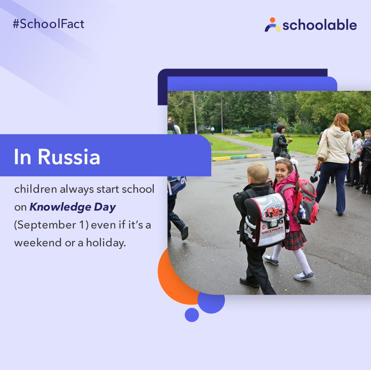 schoolableHQ's tweet photo. #SchoolFact
In Russia, children always start school on ‘Knowledge Day’ (September 1) even if it’s a weekend or a holiday. https://t.co/tRJ2Xx6iyu