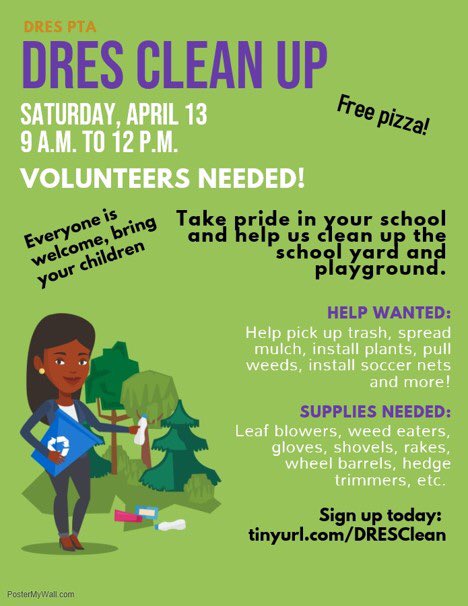 DurantEagles's tweet photo. DRES Family-we are looking for volunteers for a campus cleanup on Saturday April 13th from 9am-12.  Pizza for lunch! @DresPta https://t.co/ibfvKu3JmW