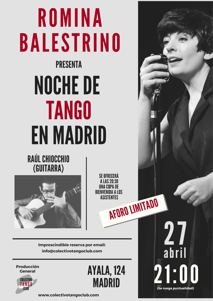 Concierto de #tango de Romina Balestrino en Madrid. Una oportunidad única para escuchar a una de las mejores voces del tango actual. 27 de abril, 21:00 horas. Imprescindible reserva en info@colectivotangoclub.com 

#tango #tangoargentino #tangomadrid #conciertodetango #musica
