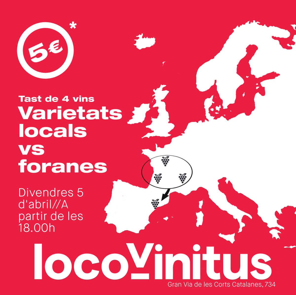 📣 Varietats locals Vs Varietats foranes 🍇🍷

Tast de 4 vins d'aquí elaborats amb varietats locals i foranes // Preu 5€

📌 Gran Via Corts Catalanes, 734
📆 Divendres 5 d'abril
⌚ A partir de les 18h

No hi podeu faltar! 😋

#Vins #Vinos #Winelover #Party #Barcelona #FemXarxa