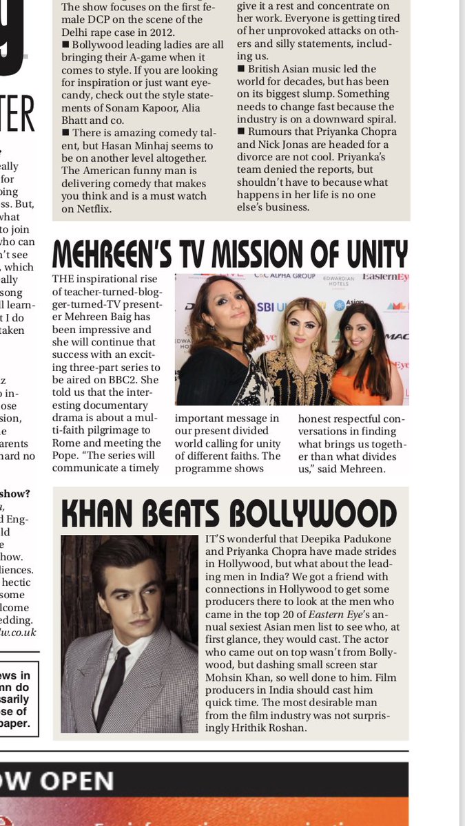 MitaMistry's tweet photo. Loved taking over @asjadnazir long running newspaper column with @PriyaMulji in @EasternEye this week featuring @planetParle @NaughtyBoyMusic @shaziamirza1 @thequeenmehreen @TherealNihal @bhaskerpatel and how TV star @momo_mohsin beat Bollywood &amp; more #MohsinKhan #yrkkh https://t.co/1kNkXyUUGc