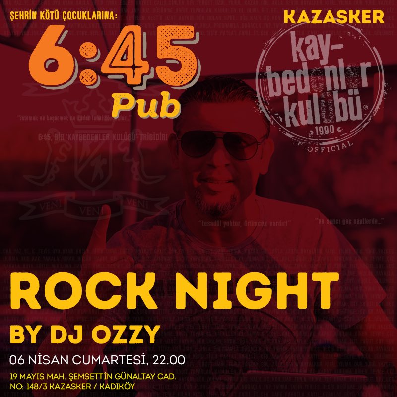 645kk_kazasker's tweet photo. ROCK NIGHT BY DJ OZZY
06 NİSAN CUMARTESİ, 22.00
#645kk_kazasker #kaybedenlerkulübü #etkinlik #yüzdeyüzmüzik #müzik #pub #djozzy #ozzy #kadıköy #rock #rocknight #music https://t.co/piR8TbCSsl