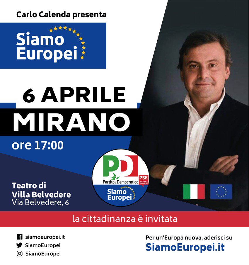 PDMirano's tweet photo. @CarloCalenda a Mirano sabato 6 aprile!
Vi aspettiamo presso il teatro di Villa Belvedere.

@pdnetwork @SiamoEuropei
#PDMirano #PartitoDemocratico #SiamoEuropeiMirano #SiamoEuropei https://t.co/cFJiglmtEh