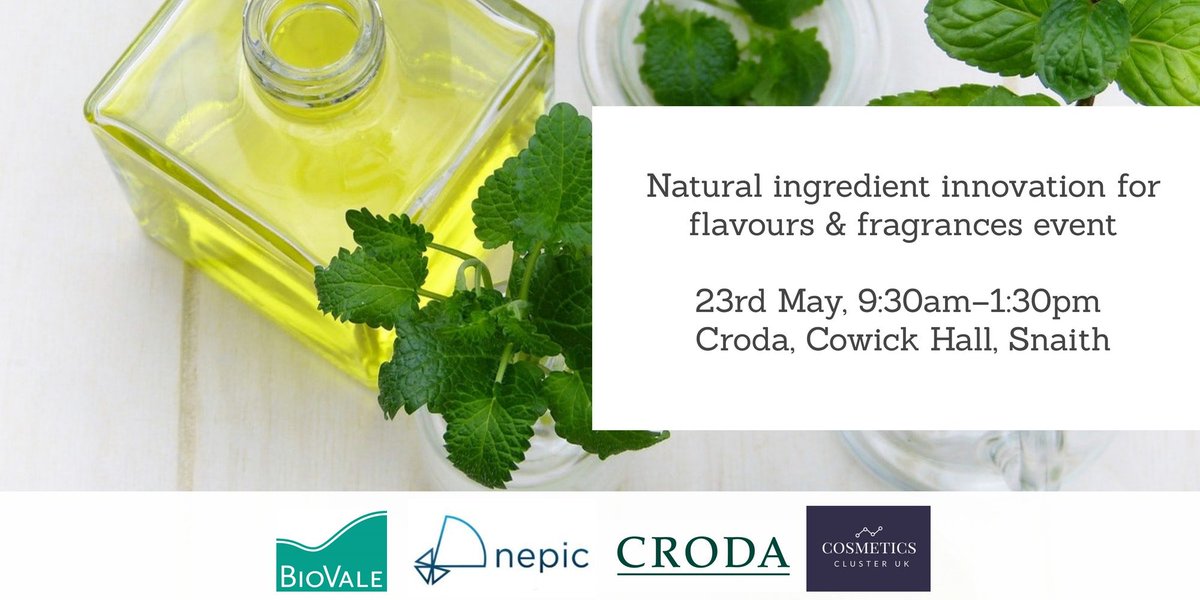 Register now for workshop on #natural #ingredient #innovation for #flavours &amp; #fragrances, 23 May, Goole bit.ly/2Ct7QfR Excellent line up of speakers including: @CrodaInc <a href="/sensient_tech/">Sensient</a> <a href="/BDC_org/">Biorenewables Development Centre</a> <a href="/Keracol/">Keracol Limited</a> <a href="/ukCPI/">CPI</a> &amp; includes optional tour of Croda