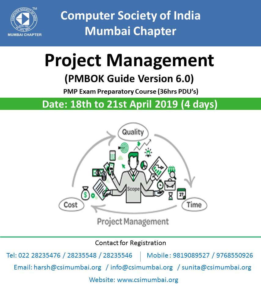 csimumbai's tweet image. PMP Exam Preparatory Course (36hrs PDU’s) 
18th to 21st April 2019 
For more details please visit : csimumbai.org
#projectmanagement #projectintegration #projectscope #projectschedule #projectcost #projectquality #projectresource
#projectcommunication #projectrisk