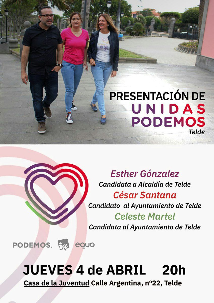 La #OlaVerde llegua hoy a Telde , ven y acompañamos en la presentacion de la candidatura Unidas Podemos Izquierda Unida EQUO en Telde . #AlternativaVerde. 
<a href="/EquoCanarias/">Verdes Equo Canarias</a> <a href="/IUCTelde/">IUC Telde</a> <a href="/PodemosTelde/">Podemos Telde</a> <a href="/europeangreens/">European Greens</a>