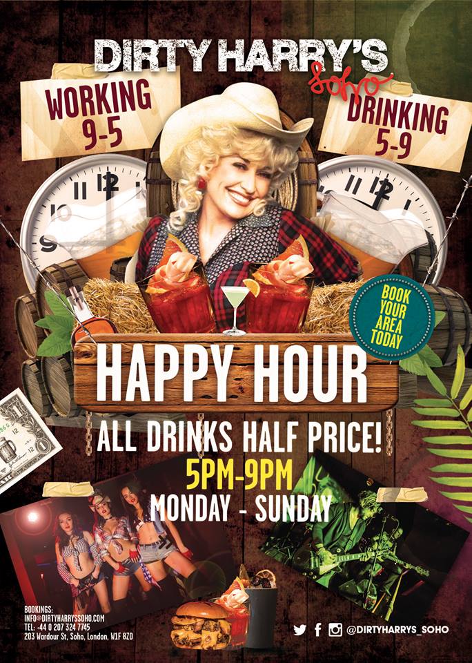 DirtySoho's tweet photo. Not far from the weekend now so that's cause to celebrate this evening! Who really works on a Friday anyway? Join us for our happy hour and enjoy half price drinks from 5-9pm!

Bookings:
Email - info@dirtyharryssoho.com
Phone - 02073247745 https://t.co/aFEmYXLuiR