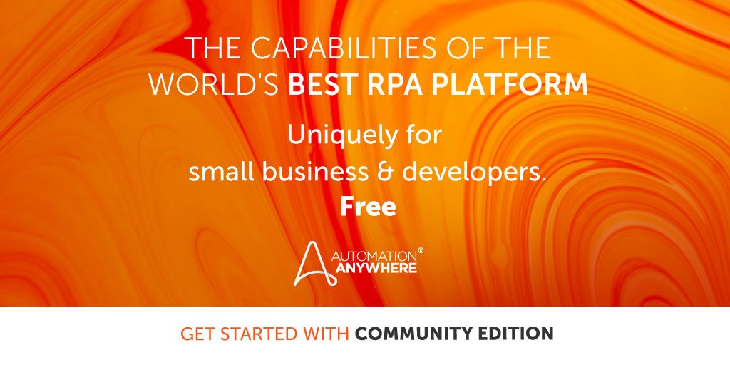 AutomationAnywh's tweet photo. Small business and developers can now experience the most intuitive, intelligent bot-building platform for automating the modern digital business for FREE with Community Edition. https://t.co/H1BcRInz40 https://t.co/EkH5Av0XcQ