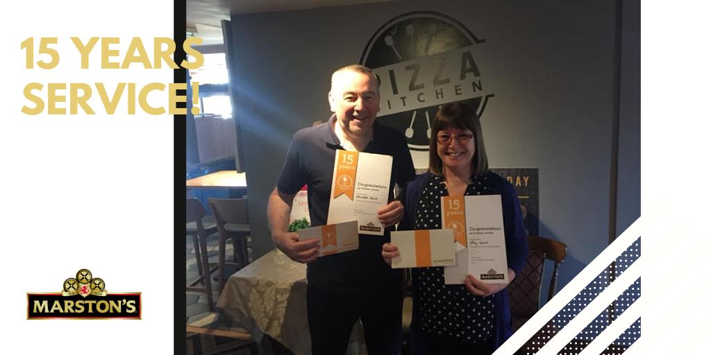 Massive Congratulations to Fay &amp; Ken Hunt from The Milestone for 15 years service!🙌

We asked Fay her favourite thing about working for Marston's: 
“Two days are never the same. You never know who will walk in and make your day. 15 years at The Milestone have passed so quickly"