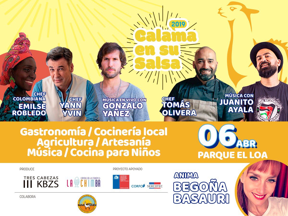 antofaensusalsa's tweet photo. Todos invitadísimos a #calamaensusalsa este Sábado 06 desde las 11:00 am en el #parqueelloa a vivir un día lleno de entretención!! Nos vemos en #CALAMA ! #laperlagastronomica #antofagasta @corfochile @sercotec_cl @sacha_razmilic @Lachimba_antofa @trescabezascl https://t.co/vOoI8wqbVS