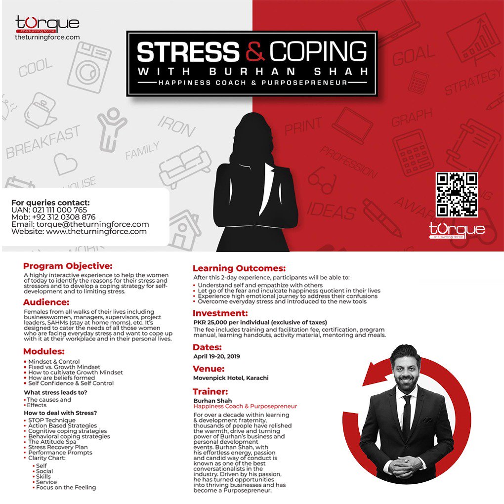theturningforce's tweet photo. Join us for a full day experience on Stress and Coping with @Burhan_Sha in Karachi on April 19-20, 2019.Details can be found in the flyer below. Scan the QR code and sign up now! Or you can register on this link below. https://t.co/Tc4EJK4xeK…/1SzbAhtFsBDJ3NLHoacuXmBhXTiR…/edit https://t.co/ZoSeOItfh5