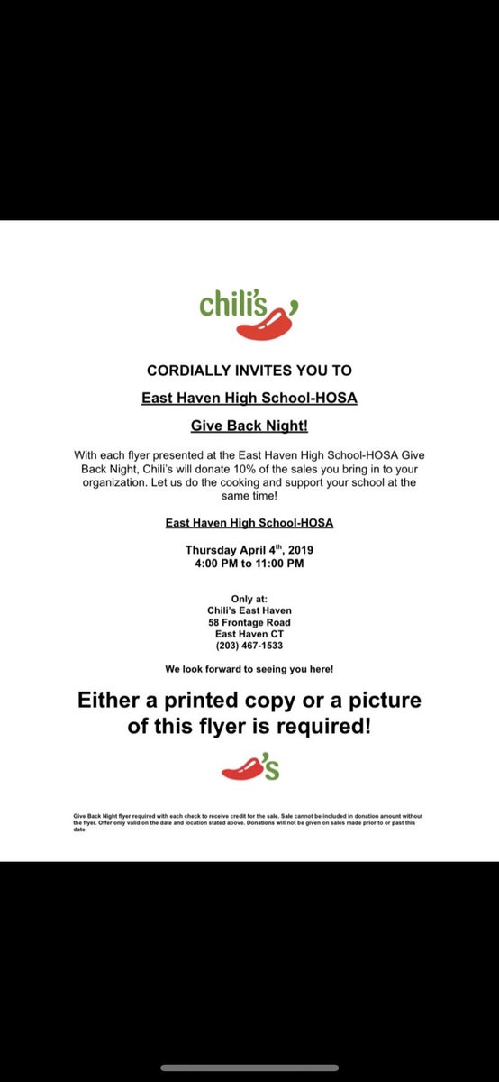 Please come support EHHS HOSA tonight at Chili’s. The flyer must be shown for us to receive credit!