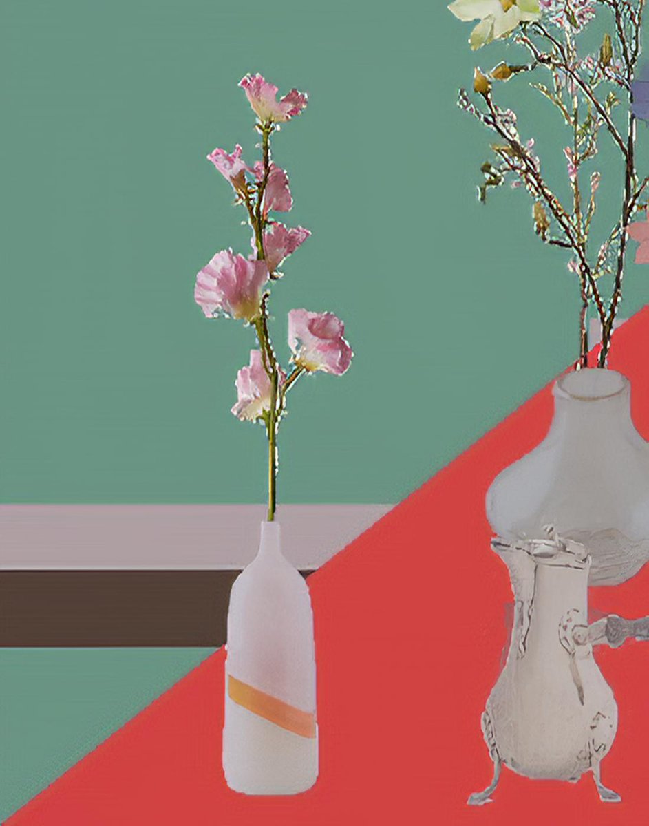 I reprogrammed my python code that generates colorful abstracts with shapes to now generate still life compositions by placing vases &amp; flowers. I am now training a cycleGAN to make them painterly. Small part of a bigger idea I have. #workinprogress