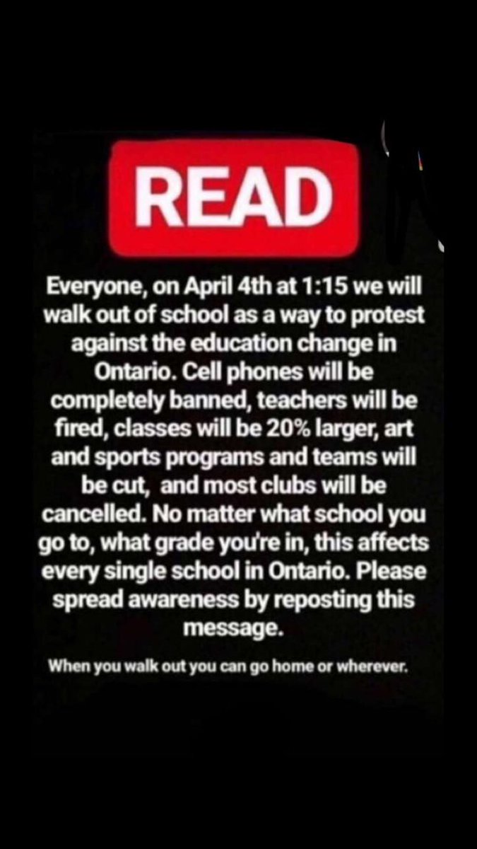 spicysaloser's tweet photo. lmao doing a school walkout 🤙🏻 if you walk out (schools in ontario) that means you don’t want phones to be banned on school property and 500+ teachers getting fired and classes being 20% larger. so kids in ontario walk out of school at 1:15. https://t.co/RlU04agjcI