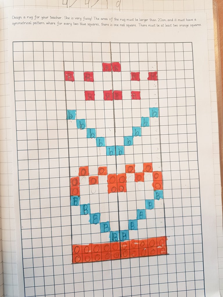 MissDlln's tweet photo. Combining symmetry, area and fractions by designing a rug for a fussy teacher today in year 4 @PennWoodSchool https://t.co/Y0D8jUe8an
