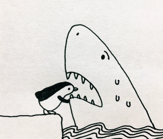 サメの口臭チェックをするペンギン 