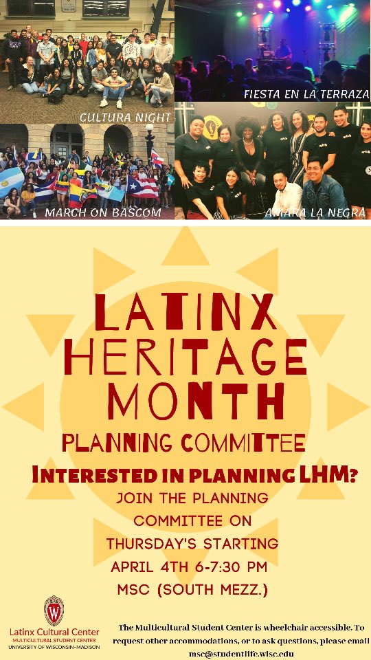 Latinx Heritage Month planning starts today y’all! Join us in the South Mezzanine tonight to begin planning events and programs for the month (Sept. 15-Oct. 15). Hope to see you all there!