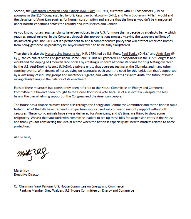 MartyIrby's tweet photo. It's time for Congress to take action for the horses. They've been ignored for too long. Check out my letter delivered today to @SpeakerPelosi @GOPLeader & @LeaderHoyer asking them to #PassthePASTAct & #HorseracingIntegrityAct & say #YestoSAFE to #EndSlaughter. cc: @FrankPallone https://t.co/Fth0bwHO2d