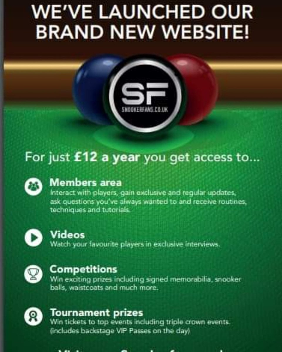 Snookerfans.co.uk Brand New Website! 
Why not check us out and look to secure your place with an opportunity to win VIP Tickets to the top tournaments plus so much more #snookerfans #brandnew #signup #bestthereis #exclusivecoverage #launched 
snookerfans.co.uk