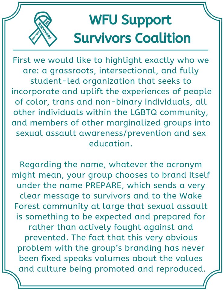 wakespeaksout's tweet photo. In an effort to change the narrative around sexual assault on campus to be more inclusive of those who have historically been excluded, we feel that it’s necessary to respond publicly to PREPARE’s concerns about our recent advocacy work. #PreventNotPrepare #DeacsToo #SAAM https://t.co/b1yDVBlxOB