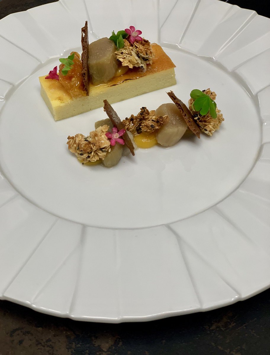 Vanilla baked custard - gin poached rhubarb, orange, ginger and granola  
(The perfect rhubarb &amp; custard) 
Book now to try by 
calling 01743 342611
Or going to scg.ac.uk/origins