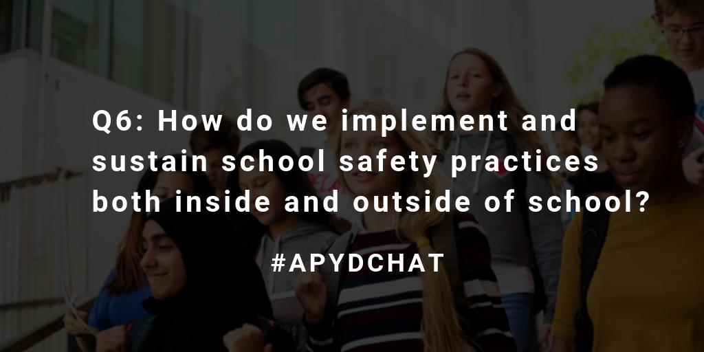 ideas4youth's tweet photo. Last question for today, Q6: Building a positive #schoolculture creates a safe school environment. How do we implement and sustain #schoolsafety practices both inside and outside of school? #APYDCHAT https://t.co/o6aPSaswM7