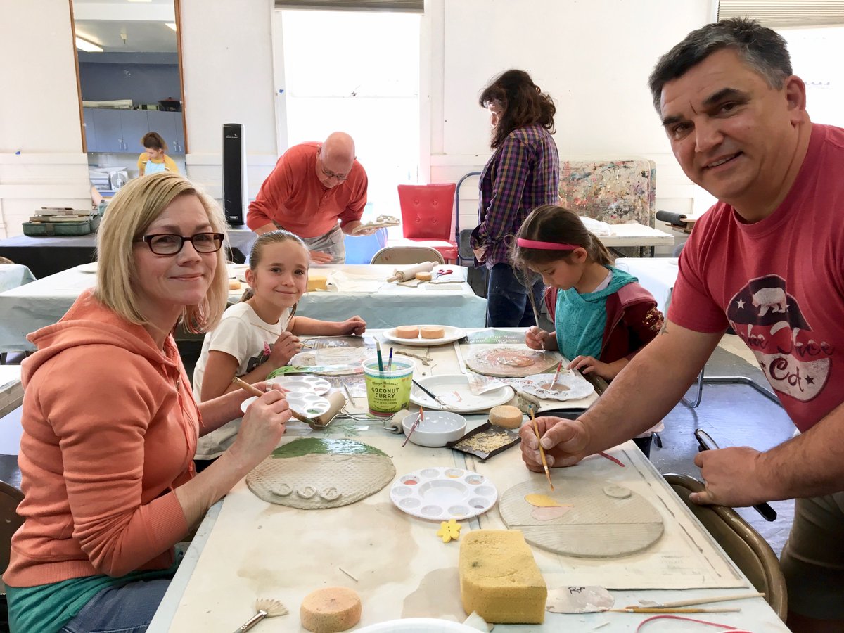 MarinMOCA's tweet photo. Our recent clay workshop was enjoyed by all ages! Inspired by MarinMOCA's Viola Frey exhibit, Instructor Candace Birchfield taught attendees how to make plates with elements of personal iconography. A fun co-sponsored event with @dirosaart #art #ceramics #violafrey https://t.co/SoLfq1rTAv