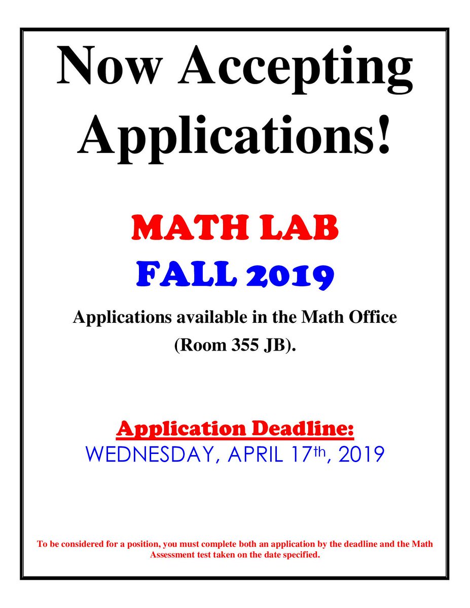 WSUMathStat's tweet image. Math Lab is now hiring for Fall 2019! Applications can be found in Jabara 355, deadline to submit is April 17th!