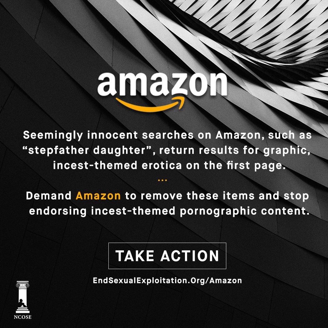 NCOSE's tweet photo. Did you know that Amazon is selling stepfather/stepdaughter incest-themed pornographic novels?
You promote what you permit, @Amazon. Time to clean this up. #NotMyAmazon #AmazonSlime https://t.co/Sd4dQmCSoj