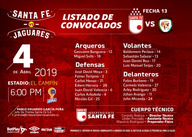 SantaFe's tweet photo. ¡Hoy juega el Primer Campeón 🇮🇩! Estos son los leones 🦁 convocados por @GerardoBedoyaM para #SantaFeJaguares: https://t.co/3yWF8O5FHu