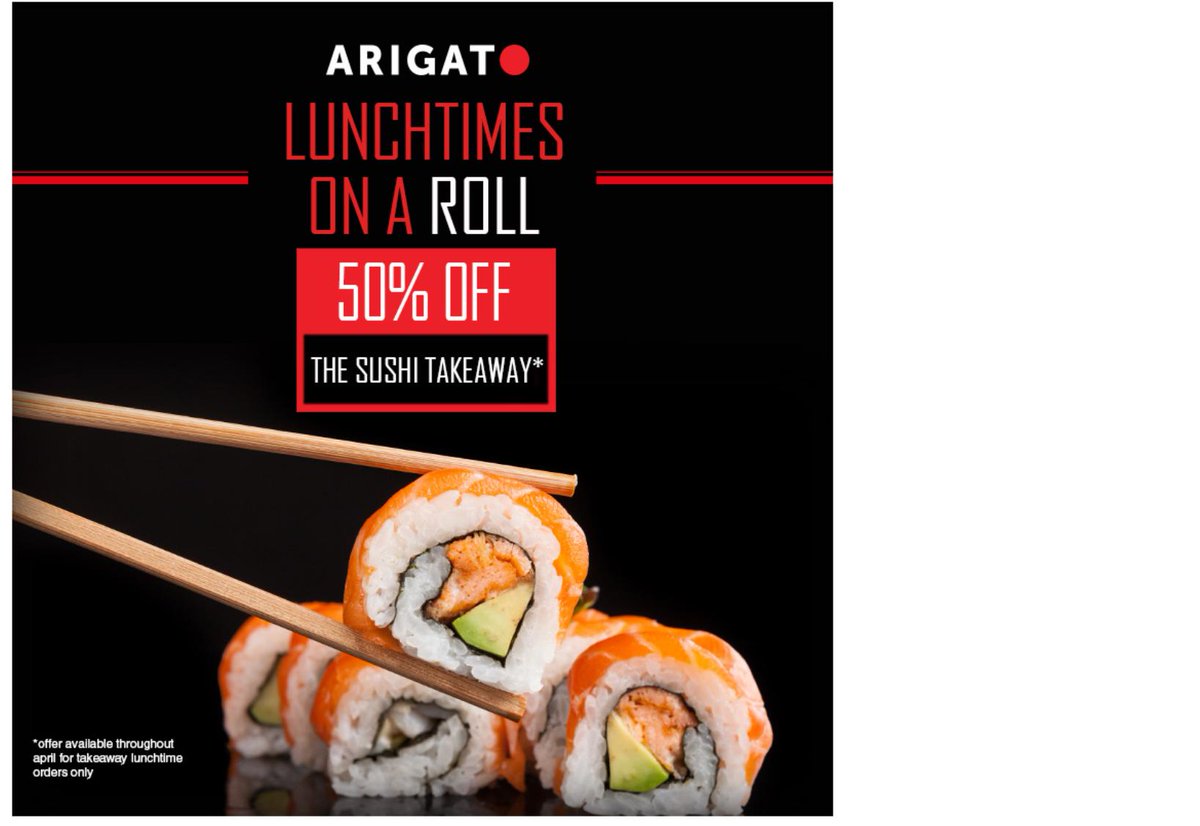 ArigatoDining's tweet photo. Come and take advantage of our April 50% off sushi takeaway! https://t.co/u5r1tzZVuf